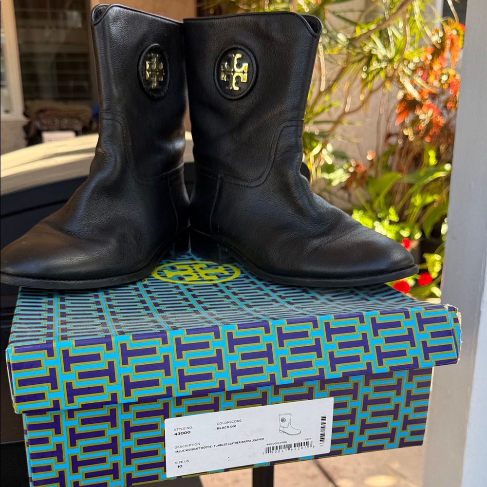 Tory Burch Black Leather Mid-Calf Boots with Gold Logo